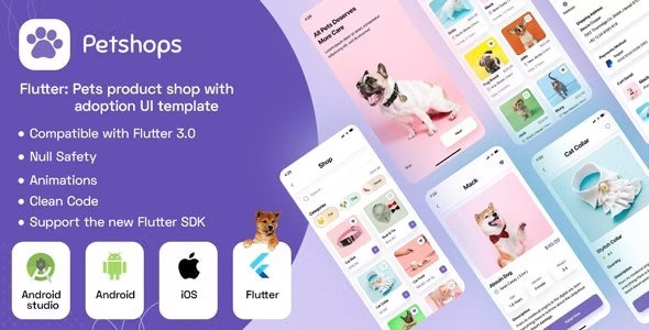 Pets product shop with adoption UI template Mobile App Template